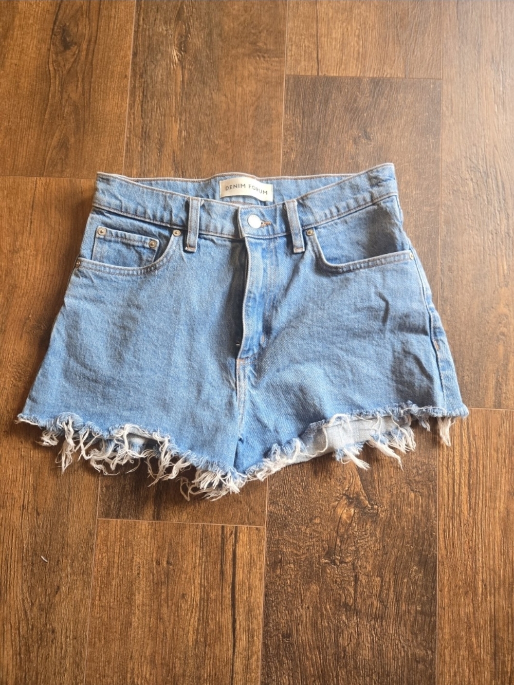 Denim Forum Light Blue High-Rise Frayed Denim Shorts